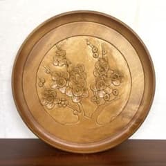 【美品】木彫り　手彫り　木製トレイ　丸盆のサムネイル