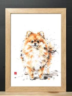 ふわふわポメラニアン』|ポメラニアン・小型犬|A5水墨画 宣紙額装