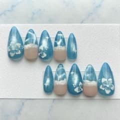 海ネイル ネイルチップ マグネット 波ネイル ハイビスカス 夏ネイル ブルー 青のサムネイル