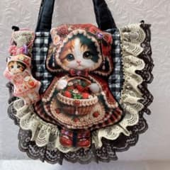 パネル三毛猫ちゃんレースフリルトートバッグ コヤンイサムチョン