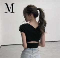 トップス レディース  半袖　カットソー ブラック 韓国  黒　へそ出し　夏のサムネイル