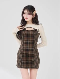 新品未使用Darich ニットボレロダブルチェックミニワンピース ブラウンのサムネイル