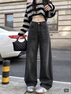 ワイドデニムパンツ ブラック ウォッシュ加工のサムネイル