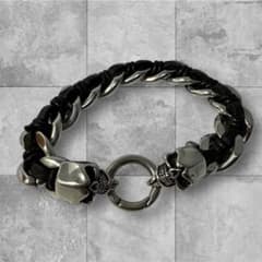 Silver1 シルバーワン　レザー＆ステンレス 2スカル 喜平ブレスレット