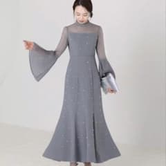 Leja パールビジュー付 プリーツフレアスリーブマーメイドワンピース