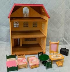 【匿名配送】シルバニアファミリー 赤い屋根の大きなお家本体＋ベッドテーブルセットのサムネイル
