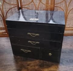古道具 黒漆塗 鏡台 化粧箱 引き出し付き 真鍮金具 昭和レトロ 和家具