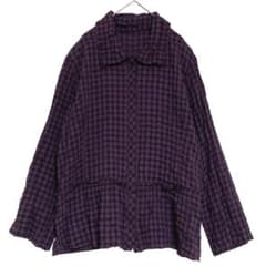 スリーフローラ　コットン チェックペプラムブラウス　紫　薄手　LL