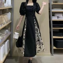 Mサイズ 黒 レース ゴシック系 パフスリーブ ワンピース ロング丈のサムネイル