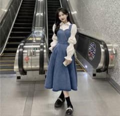 デニム ジャンパースカート サロペットワンピース ミモレ丈 ブルーのサムネイル