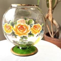 *Hand-painted rose pattern* Footed glass vase *Round shape* Retro *Antique style*