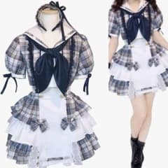 アイドル衣装 コスプレ 青 チェック セーラーのサムネイル
