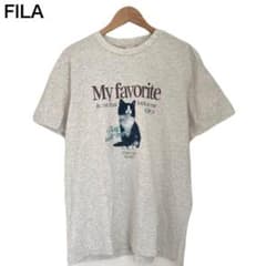 フィラ　アニマル　猫　プリント　綿　半袖　レディース　Tシャツ　丸首　グレー　S