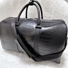 ザラ黒クロコ型押し特大ボストン バッグ鞄クロコダイル柄ワニ革