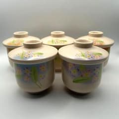 【未使用】阪神百貨店 蓋付湯呑 5客セット すみれ柄 汲出茶碗 茶碗蒸しのサムネイル