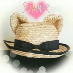 キッズ54cm♥猫耳ハット♥日除けの麦わら帽子♥黒リボン付きのサムネイル