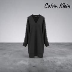 カルバンクライン Vネック ワンピース ロゴライン 長袖 ブラックのサムネイル