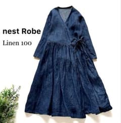 美品✽ネストローブ リネン インディゴ カシュクール ロングワンピース