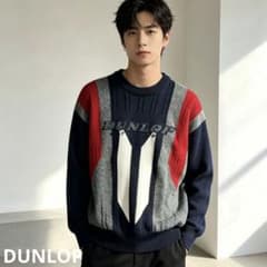 DUNLOP ダンロップ メンズ ウール混 総柄 デザインニット 古着 ロゴ