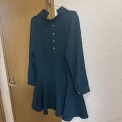 ハイネック 長袖 膝丈ワンピース グリーンのサムネイル