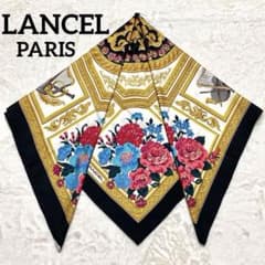 レア LANCEL ランセル スカーフ 大判 シルク100% 花 王冠 金 黒