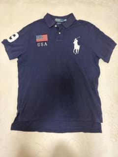 USA Flag Polo Shirt with Number 3 ビッグポニー VTG Polo Ralph Lauren Mens L Navy Pique Big Pony #3 USA Flag S/S