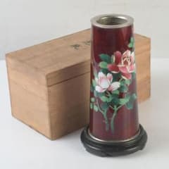 七宝焼　花文　花瓶　唐木台付　共箱　V　9254 七宝焼 花文 花瓶 唐木台付 共箱 V 9254