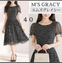 M'S GRACY ワンピース 40 黒 切替 フレア 半袖 上品 フォーマル エムズグレイシー 花柄 ワンピース 半袖 シフォン フレア シアー 膝丈