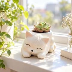 猫型 植木鉢 白色 多肉植物 インテリア 卓上 オブジェ ガーデニングのサムネイル