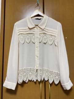 【美品】 80s ヴィンテージ 昭和レースブラウス フリル 襟付き シフォンのサムネイル