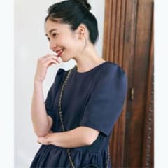 ボンディングパフスリーブギャザーフレアワンピース Navyのサムネイル