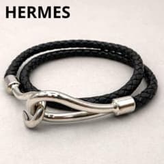 HERMES エルメス レザーブレスレット 黒 イントレチャート 編み込み