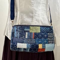 松阪もめん縞模様×刺し子のパッチワークキルト　ハンドメイドショルダーバッグ 新作⭐︎松阪もめん縞模様×刺し子のパッチワークキルト ハンドメイド