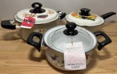 美品❗昭和レト象印ホーロー鍋セット　レトロポップホーロー鍋　両手鍋　片手鍋 昭和レトロ 象印 ホーローウェアセット 片手鍋&両手鍋 花 ブルー