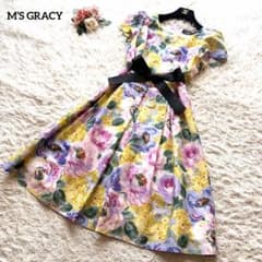 美品✨エムズグレイシー　ワンピース　花柄　リボンベルト　パフスリーブ　40 L 美品✨エムズグレイシー ワンピース 花柄 リボンベルト パフスリーブ