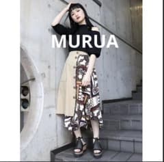 MURUA 異素材ドッキング フレアスカート スカーフ柄 ベージュのサムネイル