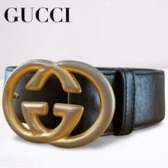 GUCCI グッチ インターロッキングG レザーベルト 黒 ゴールド金具