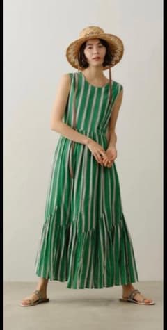 ヌキテパ ストライプ柄 ノースリーブ ロングワンピース グリーン