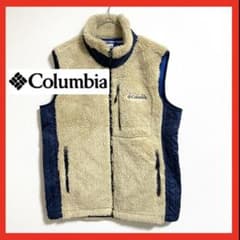 美品】 Colombia ボアベスト ロゴ ベスト ベージュ ボア L ブルー 
