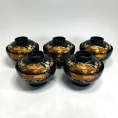 会津塗 天然木加工品 梅菊流れ蒔絵 蓋付きお吸い物椀揃え 5客