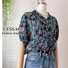 美品】L'ESSAGE タックスリーブシャツ 小花柄 ブラウス ネイビー系