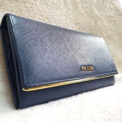 プラダ✨PRADA サフィアーノレザー 本革 ゴールド金具 長財布 ネイビー