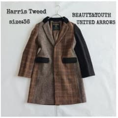 美品 ハリスツイード パッチワーク 切替 チェック柄 チェスターコート 比翼 ハリスツイード パッチワーク 切替 チェック柄 チェスターコート