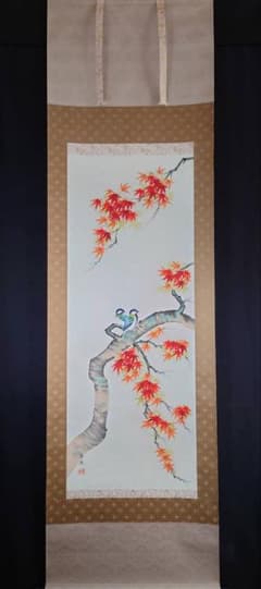 9-12 掛軸 太田秀峰 紅葉に四十雀 日本画 骨董 掛け軸のサムネイル