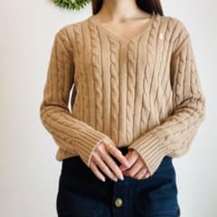 人気カラー♡ラルフローレン Vネック ケーブルニットセーター キャメルベージュのサムネイル