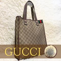 希少【GUCCI】トートバッグ　シェリーライン　レザー　アイボリー系. 希少 オールド グッチ GG 総柄 ロゴ レザー トートバッグ シェリー
