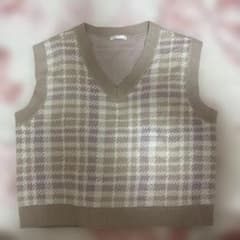 チェック柄ニットベスト Vネック