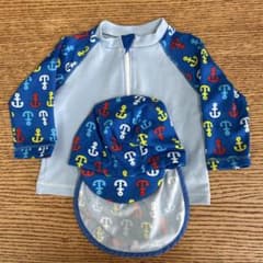 ベビー水着 80-90 アンカー柄 ラッシュガード＆帽子セット 長袖 UVカットのサムネイル
