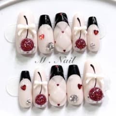 ネイルチップ フレンチガーリー リボン 赤 さくらんぼネイル 量産型