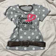 y2k 平成ギャル チビT ピチT ドット柄 グレー Tシャツ ぷっくりハート